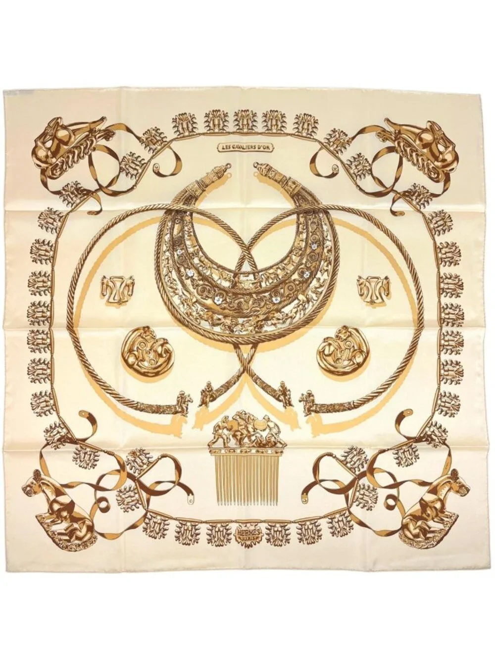 Hermes Carre 90 les Cavaliers D'or Yellow Golden Knight Scarf Silk Brown Beige